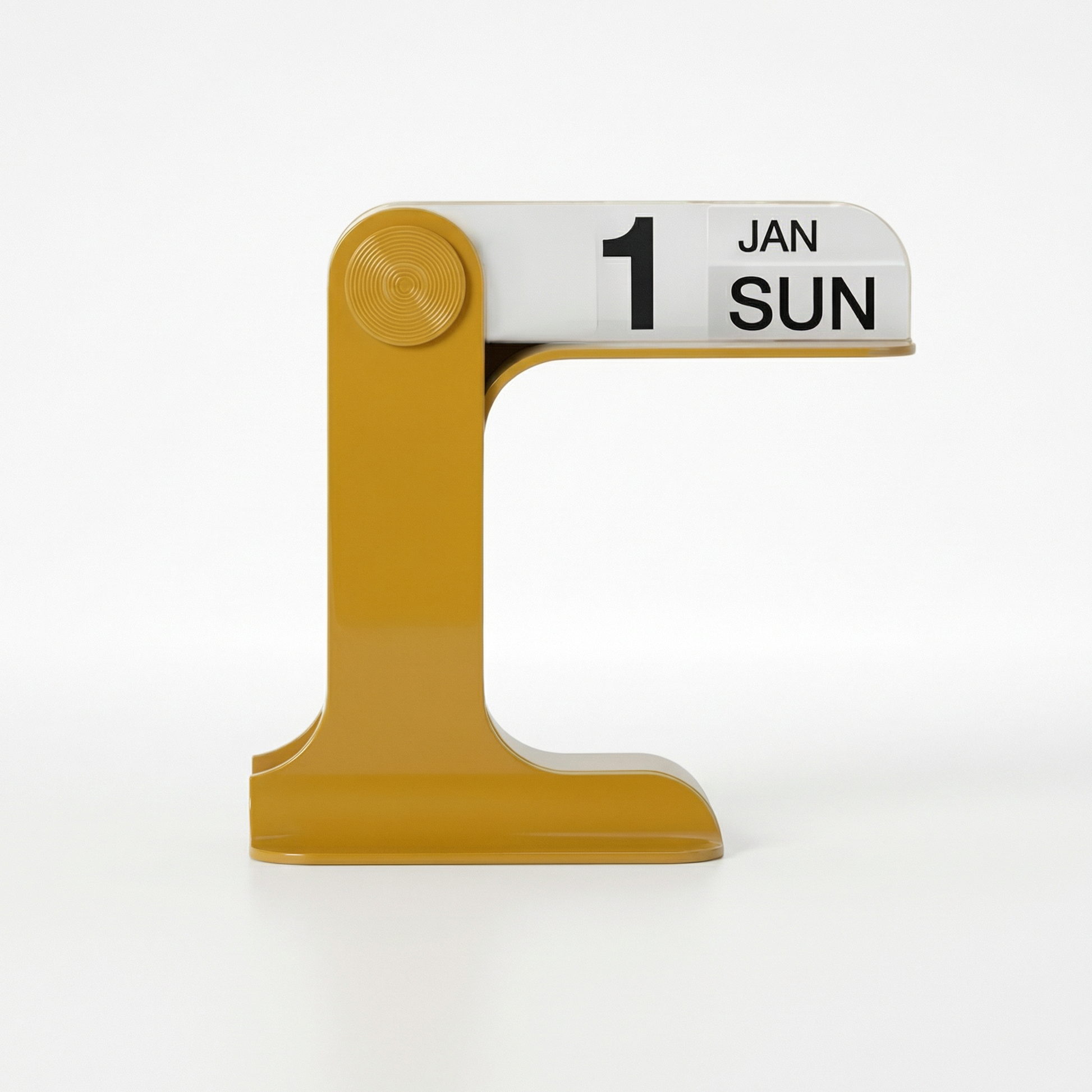 Retro manual flip calendars in mustard yellow, forest green, and black on a white desk