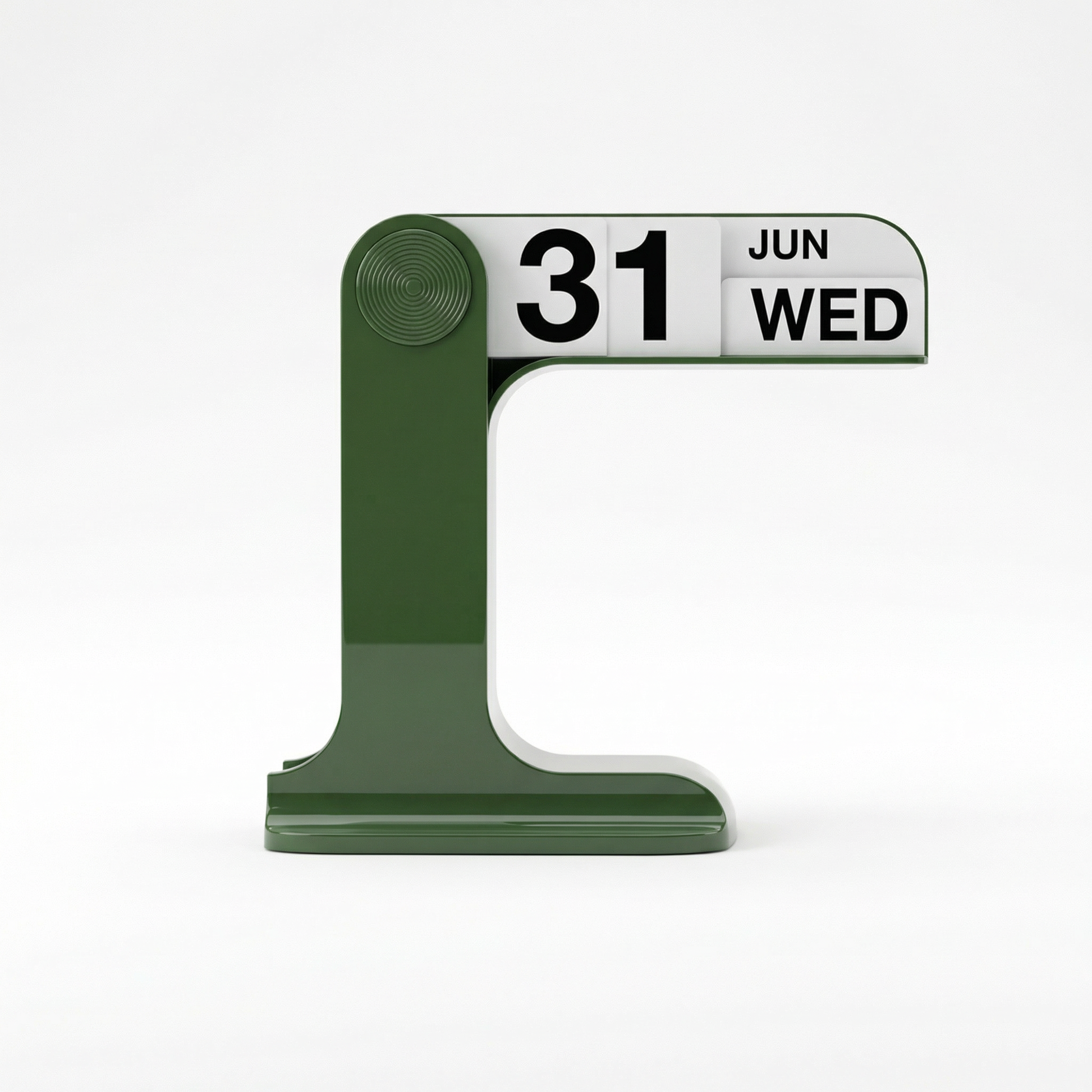 Retro manual flip calendars in mustard yellow, forest green, and black on a white desk