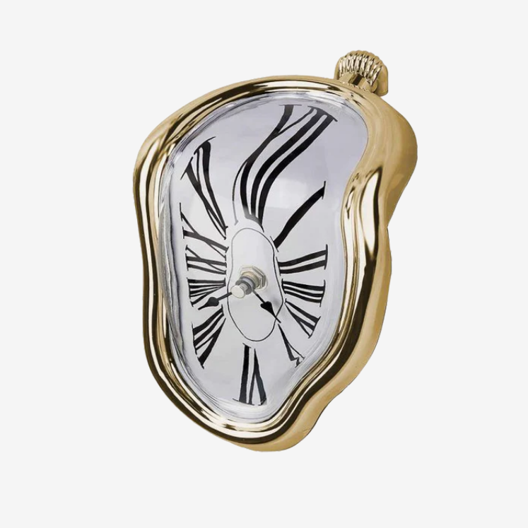 Silver surrealist melting clock resting on the edge of a metal bookshelf next to books