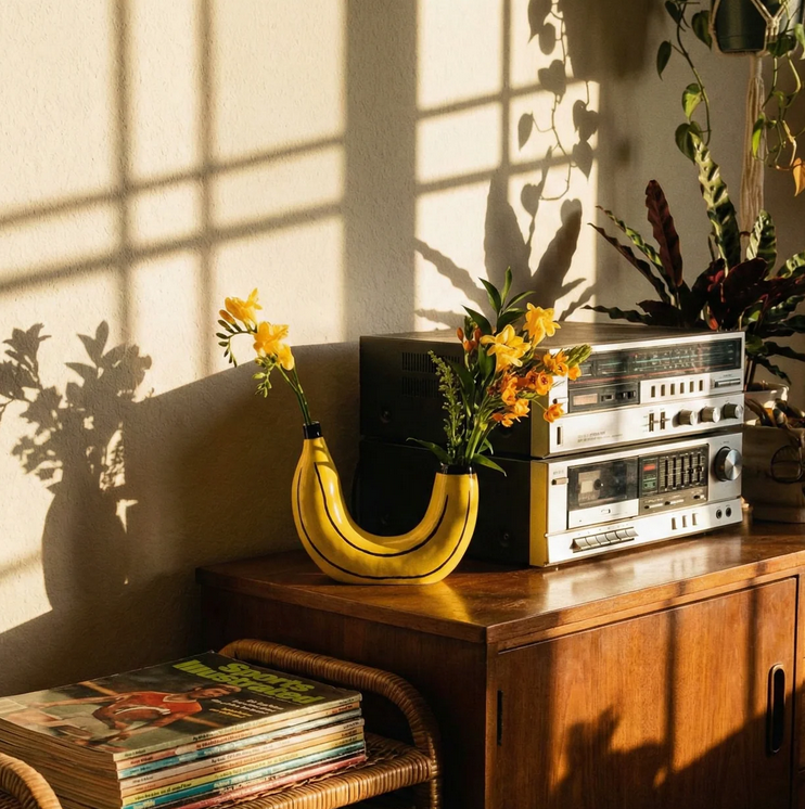 Yellow ceramic vase shaped like a banana pop art style home decor