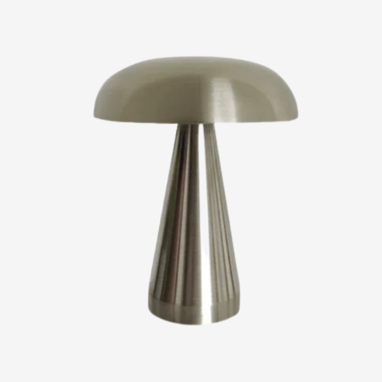Brushed steel mushroom lamp styled on Kinfolk book minimalist beige decor